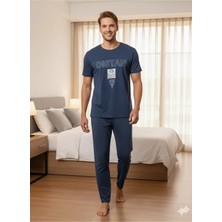 Erkek Koyu Mavi Kısa Kol Yazlık Pijama Takımı