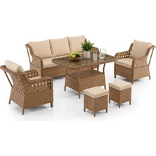 Hier Zen Rattan Puflu Bahçe Balkon Takımı 3+1+1 Bahçe Mobilyası 7 Kişilik