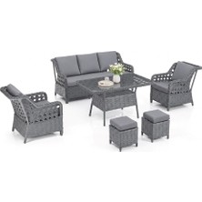 Hier Zen Rattan Puflu Bahçe Balkon Mobilyası Takımı 3+1+1 7 Kişilik Antrasit Renkli Dayanıklı Yapı ile Konfor