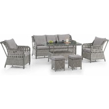 Hier Zen Rattan Puflu Bahçe Mobilyası Takımı 3+1+1 Gri Renkli Modern Tasarım ve Konforlu Kullanım