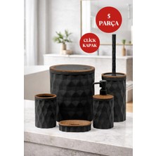 UltraMint Şık Siyah Ahşap Detaylı 5'li Banyo Seti