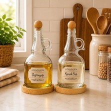 2'li 1000ML Ahşap Stantlı Ahşap Kapaklı Cam Yağlık Seti Ayçiçek/zeytin Yağı Etiketli