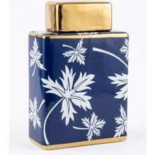 sembol Blue Fall Dikdörtgen Kapaklı Küp 26 cm – Dekoratif Seramik Kübik Kavanoz ve Obje (Saks Mavisi & Gold)