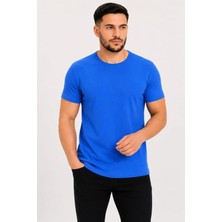 Lune Store Erkek Basic Tişört Bisiklet Yaka Kısa Kol Günlük Yazlık Slim Fit T-Shirt - Saks Mavisi