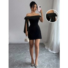 Lune Store Kadın Madonna Yakalı Kurdela Detaylı Kısa Ithal Krep Elbise