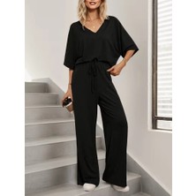 Lune Store Kadın Kısa Kollu V Yakalı Viskon Bluz ve Pantolon Ikili Takım