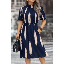 Lune Store Kadın Kısa Kollu Yarı Balıkçı Yaka Ceplı Desenli Midi Elbise