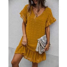Lune Store Kadın Kısa Kollu V Yakalı Kısa Puantıyeli Şifon Elbise