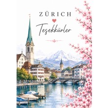 Papelia Zürich Temalı Teşekkür Kartı | Isviçre Manzaralı 8x5 cm Not Kartı | Hediyelik Paket Kartı | Sipariş Teşekkür Kartı