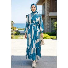 Harma Time Butik Kadın Kuşaklı Viskon Kumaş Tesettür Mavi Elbise