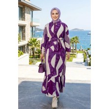 Harma Time Butik Kadın Kuşaklı Viskon Kumaş Tesettür Mor Elbise