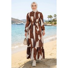 Harma Time Butik Kadın Kuşaklı Viskon Kumaş Tesettür Kahverengi Elbise