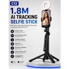 Airstorr C12 1.8m Aı Tracking Selfie Stick Tripod Çift Ring Lightlı Bluetooth Uzaktan Kumandalı Telefon Tripodu