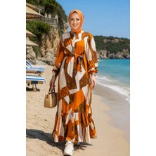 Harma Time Butik Kadın Kuşaklı Viskon Kumaş Tesettür Turuncu Elbise