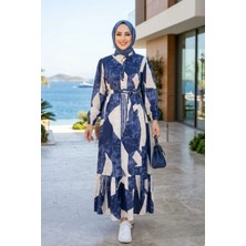 Harma Time Butik Kadın Kuşaklı Viskon Kumaş Tesettür Lacivert Elbise