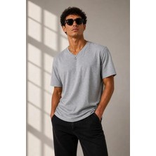 Lune Store Erkek V Yaka Basic Tişört Kısa Kol Yazlık Regular Fit T-Shirt - Gri