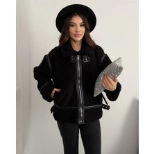 Zf Butik Kadın Peluş Biker Ceket Siyah Orta Kalınlıkta