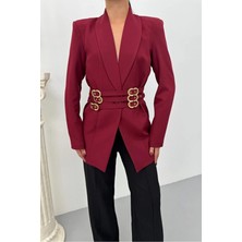 Zf Butik Kadın Blazer Ceket Bordo Kemerli