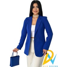 Farina Kadın Mavi Blazer Ceket Tek Düğmeli Astarlı