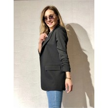 Gözde Tasarım Butik Kadın Siyah Büzgü Kollu Astarlı Düğmesiz Blazer Ceket
