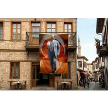 Punto Dizayn Atatürk Baston ve Fotor Şapkasiyla Poster Bayrak Premium Raşel Kumaş 300X450CM ATA74