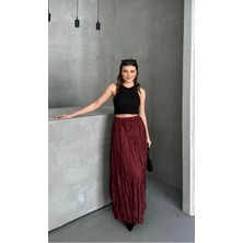 FLEX FASHION Kadın Mikro Uzun Etek Beli Lastikli Buruşuk Crush Bordo