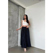 FLEX FASHION Kadın Mikro Uzun Etek Beli Lastikli Buruşuk Dokuma Lacivert