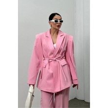 Zf Butik Kadın Beli Ipli Blazer Ceket Uzun Form Kesim Pembe