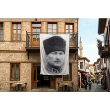 Punto Dizayn Siyah Beyaz Kalpaklı Atatürk Portresi Poster Bayrak Premium Raşel Kumaş 300x450cm ATA30