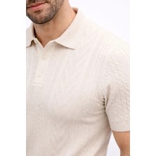Lune Store Erkek Yazlık Triko Tişört Kısa Kol Polo Yaka Düğmeli T-Shirt - Krem