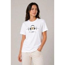 Lune Store Müzik Temalı Baskılı Tişört Bisiklet Yaka Kısa Kol T-Shirt - Beyaz