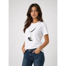 Lune Store Astronot Ay Temalı Tişört Kısa Kol Yazlık Bisiklet Yaka T-Shirt - Beyaz