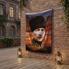 Punto Dizayn Üniformalı Kalpaklı Gazi Mustafa Kemal Atatürk poster Bayrak Raşel Kumaş 100x150 cm ATA20