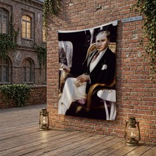 Punto Dizayn Koltukta Oturan Atatürk- Takım Elbiseli Atatürk Poster Bayrak Raşel Kumaş 100X150 cm ATA25