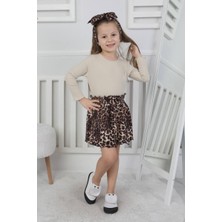 Aselin Kids Kız Çocuk Bayramlık Yazlık Ince Triko Leopar Desenli Etek Takım ve Bandana Alt Üst Takım