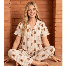 NiCe İç Giyim Krem Kahve Şerit Ayıcık Desen Gömlek Yaka Düğmeli Milan Kumaş Kadın Pijama Takım