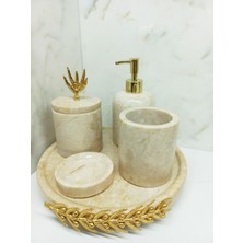 UltraMint Doğal Bej Mermer ve Mercan Detaylı 5'li Banyo Seti Takımı Zeytin Dalı Süslemeli