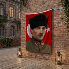 Punto Dizayn Askeri Üniformalı Atatür ve Türk Bayrağı poster Bayrak Raşel Kumaş 100x150 cm ATA80