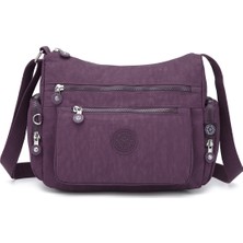 Smart Bags Orta Boy Çok Cepli Su Geçirmez Krınkıl Kumaş Kadın Omuz Çantası Mürdüm