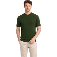 Lune Store Erkek Yazlık Fitilli Triko Tişört Kısa Kol Bisiklet Yaka T-Shirt - Haki