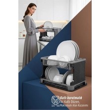 Uravas Store Mey Ithalat® 2 Katlı Rattan Dokulu Lüks Bulaşıklık - Kirli Beyaz & Siyah Modern Düzenleyici