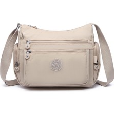 Smart Bags Orta Boy Çok Cepli Su Geçirmez Krınkıl Kumaş Kadın Omuz Çantası Bej