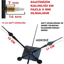 Cnr Shop 14 mm Şaft Boyu Duvar Saati Mekanizması Sessiz Çalışır Büyük Boy Akrep-Yelkovan-Saniye-(Askısız)