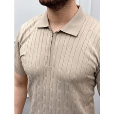 Lune Store Erkek Yazlık Triko Saç Örgü Tişört Kısa Kol Polo Yaka Fermuarlı T-Shirt - Bej