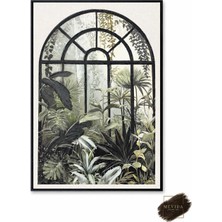 Botanik Vaha | Tropikal Bahçe Pencere Manzaralı Dokulu Tablo 60X90 cm Mdf Çerçeveli Dekoratif Duvar Tablosu