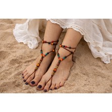 Irısıma Süet Barefoot Sandal – Renkli Ahşap Boncuklu Çift Halhal