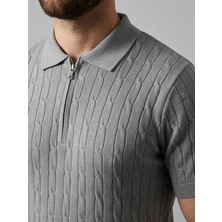 Lune Store Erkek Yazlık Triko Saç Örgü Tişört Kısa Kol Polo Yaka Fermuarlı T-Shirt - Gri