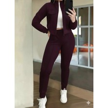 Lune Store Kadın Uzun Kollu Önden Fermuarlı Kısa Modal Mor Ceket ve Pantolon Ikili Takım