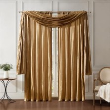 Fashions Venedik Ipek Çift Çubuk Cep Perde Panelleri Eşarp Saçaklı - 3'lü Set - Panel 132 cm x 213 Cm, Altın (2 Panel - 1 Eşarp)