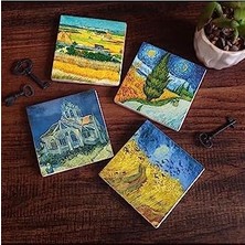 Hasat Manzarası, Yıldızlı Yol, Buğday Tarlası ve Kargalar, Kilise Taş Bardak Altlığı Seti - 4 Parça - Dekoratif, Rustik Mutfak Aksesuarı, 10X10 Cm, Kaydırmaz Tabanlı SC225